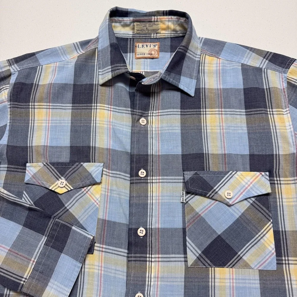 VTG Levis Shirt Mens Large Blue Yellow Plaid Button Up Long Sleeve Western Korea